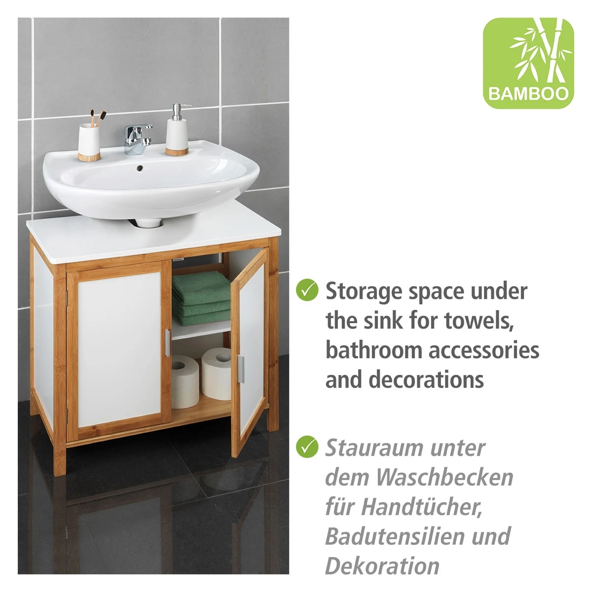 Wenko Waschbeckenunterschrank Finja, Waschbecken-Unterregal Aus Bambus/MDF 5 Wenko Waschbeckenunterschrank Finja, Waschbecken-Unterregal Aus Bambus/MDF – Bild 3
