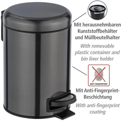 Wenko Kosmetik-Treteimer Leman Metallic-Schwarz 3 L Edelstahl 4 Wenko Kosmetik-Treteimer Leman Metallic-Schwarz 3 L Edelstahl – Bild 2