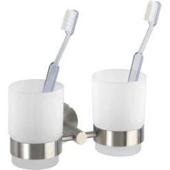 Wenko Zahnputzbecher Duo Bosio Silber Matt Mit Halter 9,5 Cm X 17,5 Cm X 9 Cm